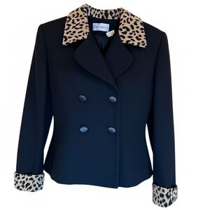 Vtg Bloomingdales 100% Lana Wool Double-Breasted Blazer Jacket 6 Leopard Trim